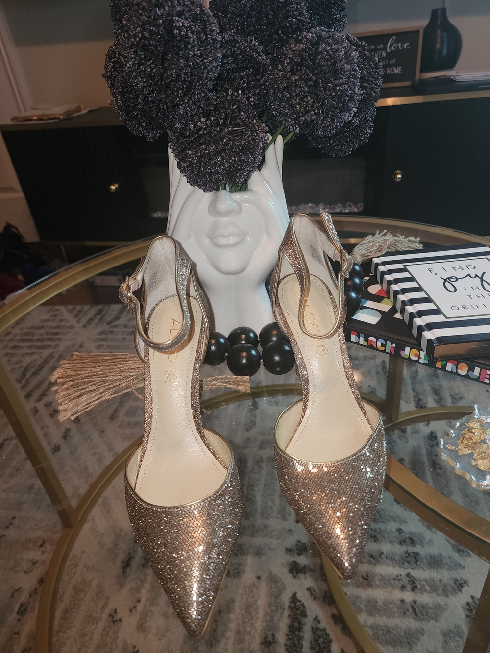 Aldo Glitter Pointed-Toe Ankle-Strap Pumps in Rose Gold